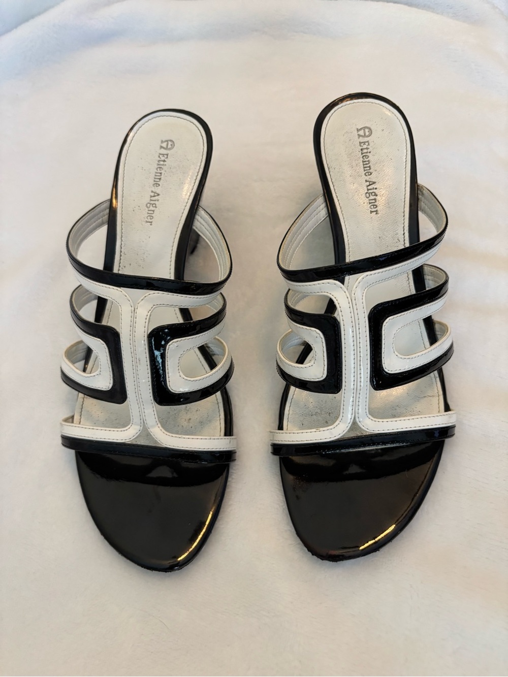 Etienne Aigner Black and White Patent Leather Wedge Heel Sandals